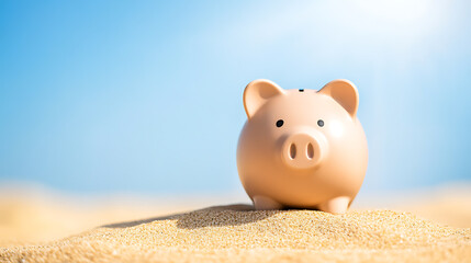 A pink piggy bank sits on a sandy beach under a clear blue sky. Symbolizing saving for vacation or financial planning with a lighthearted, summery feel. Saving is fun