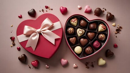 Assorted chocolates and sweets in a heart-shaped box with a pink bow on a beige background with scattered hearts