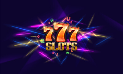 Shining neon sign lucky sevens on a bright background. Mega slots casino banner. Vector illustration.