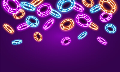 Neon poker chips on dark background. Bright glowing chips for casino and poker. Vector illustration.