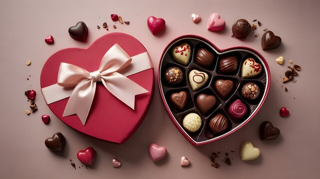 Assorted chocolates and sweets in a heart-shaped box with a pink bow on a beige background with scattered hearts