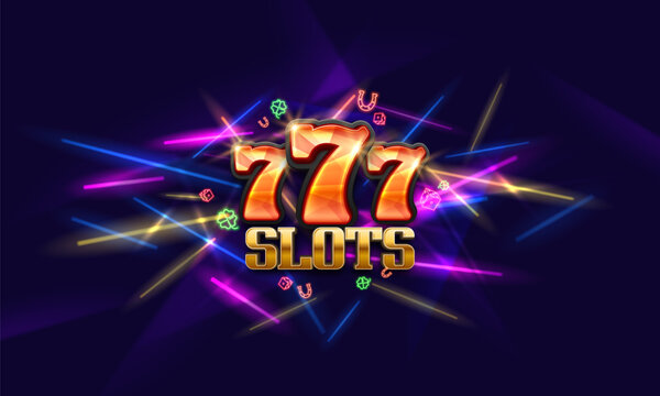 Shining neon sign lucky sevens on a bright background. Mega slots casino banner. Vector illustration.