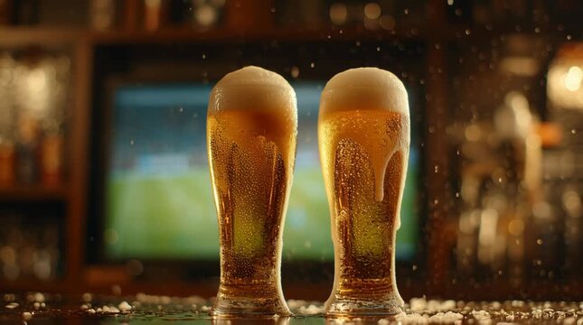 Cheers of the Moment: Two chilled beer glasses gleam with freshness, brimming with golden liquid and foamy heads. Captured in a close-up shot, this image captures the essence of a pub or bar scene. 
