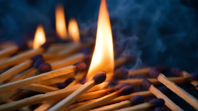 241Macro perspective of matches, one ignited stick at the center with bright flame, burnt matches and unlit sticks forming natural patterns around it, smoke illuminated by warm light.