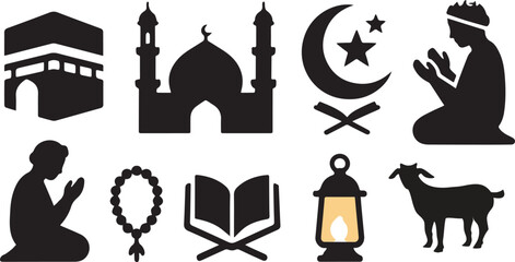 Obraz premium A collection of black silhouettes depicting Islamic architecture, prayer, and religious symbols on a white background