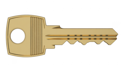 Gold metal key with ridged handle gold key isolated isolated on a transparent background
