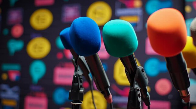 Colorful Microphones at a Conference: A row of vibrant microphones with eye-catching colored covers stands ready, creating a visually dynamic scene for conference or broadcast.