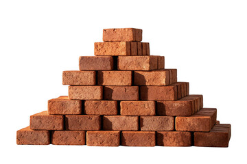 Stack of red clay bricks forming a pyramid isolated on transparent background