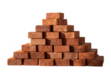 Stack of red clay bricks forming a pyramid isolated on transparent background