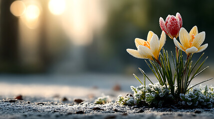 Frosty Crocus Flowers in Early Morning Sunlight - Delicate Spring Blooms with Icy Petals and Soft Bokeh Background