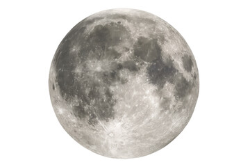 Naklejka premium Full moon showing detailed lunar surface texture with visible impact craters, celestial body in outer space, transparent background