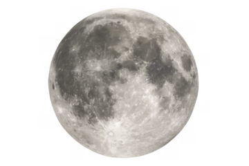 Full moon showing detailed lunar surface texture with visible impact craters, celestial body in outer space, transparent background