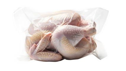 Raw chicken vacuum sealed in plastic bag on black background