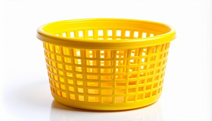 Bright Yellow Round Plastic Laundry or Storage Basket with Perforated Mesh Design Isolated on White Background