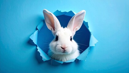 Adorable White Rabbit Peeking Through a Torn Hole in Vibrant Blue Paper Background