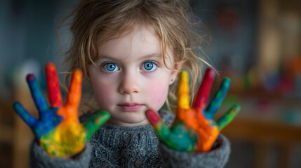 Little child showing colorful painted hands in creative art concept