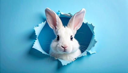 Adorable White Rabbit Peeking Through a Torn Hole in Vibrant Blue Paper Background