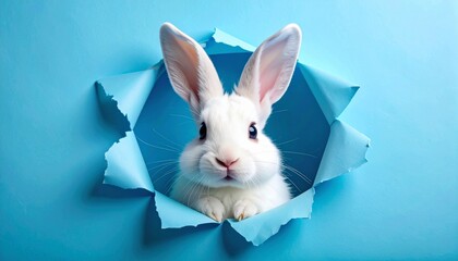 Adorable White Rabbit Peeking Through a Torn Hole in Vibrant Blue Paper Background
