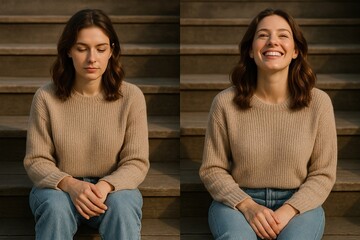 A Professional Photographic Diptych Capturing a Woman's Mood Shift from Contemplative to Joyful on Wooden Steps