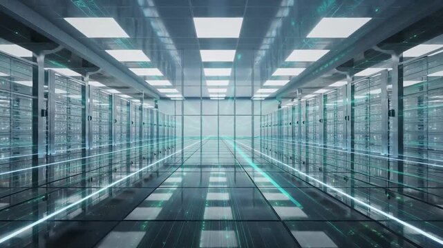 Futuristic Data Center Server Room with Lighting Panels.