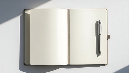 Open notebook with pristine blank pages and a sleek metallic pen, bathed in soft natural light, symbolizing new beginnings, creative ideas, and effective personal or professional planning