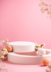 Abstract empty white podiums for products presentation or exhibitions on pink background with Easter quail eggs. Trend Concept with copy space.