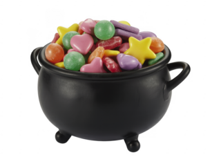 Black Cauldron Filled with Colorful Candy sweets isolated on a transparent background