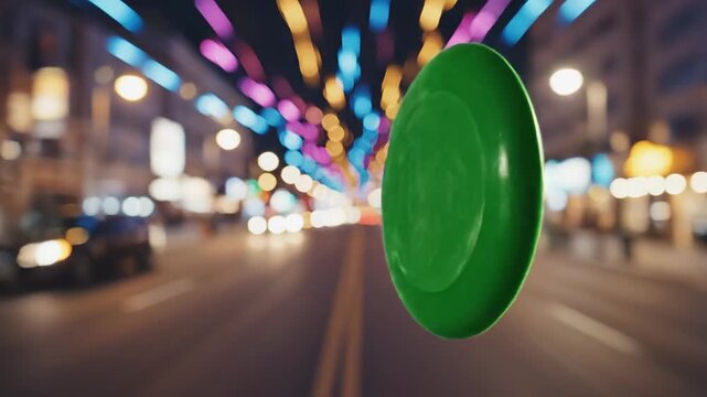 Vibrant Green Flying Disc Over Blurred City Street with Dynamic Colorful Bokeh Lights at Night