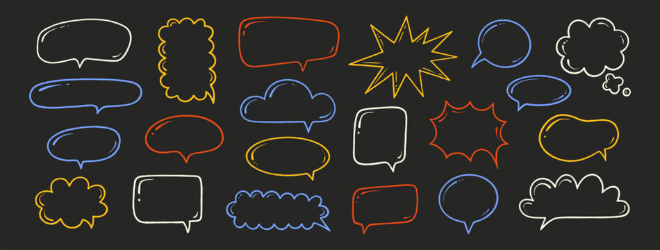 Crayon speech bubbles set. Chat talk boxes. Line hand drawn chalk colorful frames. Kid doodle style. Dialogue balloon cloud. Pencil drawing, thought elements, black background. Vector illustration