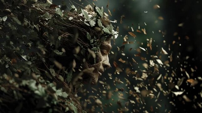 Cinematic visualization of Leshy dissolving into swirling leaves and roots, transforming seamlessly into the forest itself, symbolizing unity with nature, magic and ancient power.
