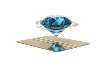 Blue diamond on a gold credit card with particles 3D luxury finance isolated on a transparent background