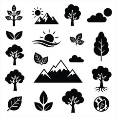 Nature Landscape and Environment Icons: Scenic icons of mountains, trees, sun, clouds, and organic leaf symbols.