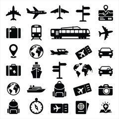 Tourism and Navigation Symbol Collection: Travel destination, passport, luggage, and map navigation icons for tourism.
