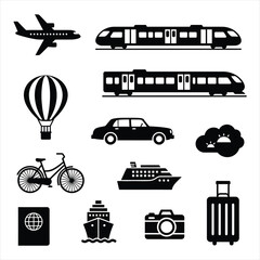 Global Transportation and Travel Icons: Various transport modes including airplane, train, car, ship, and bicycle silhouettes.