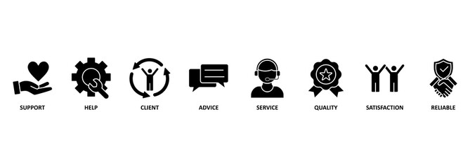 Customer care banner web icon vector illustration concept for customer support and telemarketing service with an icon of help, client, advice, chat, service, reliability, quality, and satisfaction 