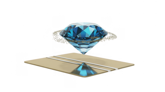 Blue diamond on a gold credit card with particles 3D luxury finance isolated on a transparent background - Powered by Adobe