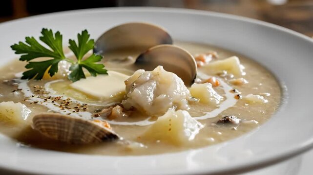Traditional Creamy Clam Chowder Soup with Shells, Potatoes, and Fresh Parsley