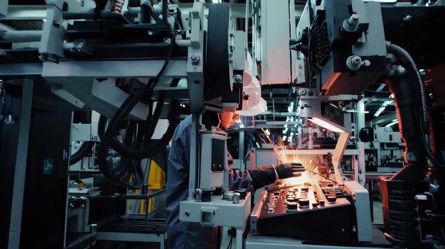 factory assembly line with workers in helmets operating machinery, sparks flying, motion blur effect showing fast-paced activity