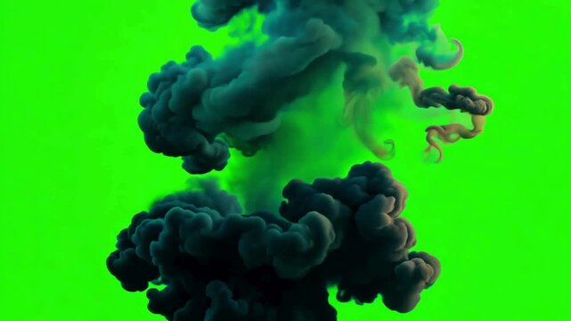 Thick industrial exhaust or fire smoke rising. Heavy pollution cloud isolated on green chroma key for compositing.