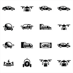 Future Transportation and Smart Mobility Icons: Innovative electric vehicles, autonomous pods, and smart city transport icons.