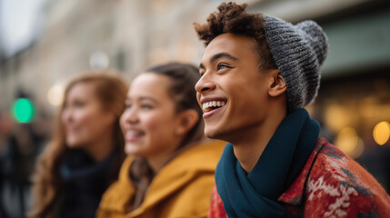 Fototapeta premium Faceless young group of multiracial friends in warm clothes heavily defocused winter outside background anonymous diverse teenage students hanging out laughing enjoying free