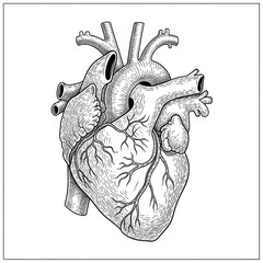 Intricate black and white illustration of human heart anatomy, hand-drawn with fine ink lines, showcasing realistic proportions of blood vessels, vintage engraving style with soft shadows, high clarit