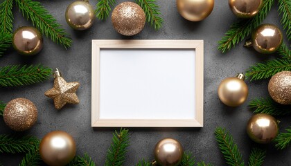 Christmas decorations with empty frame and pine branches festive holiday setup gold ornaments and star holiday season concept