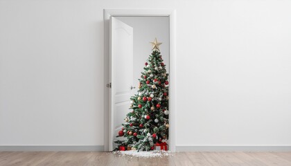 Christmas tree in doorway holiday decoration festive scene indoor outdoor decor winter festive season