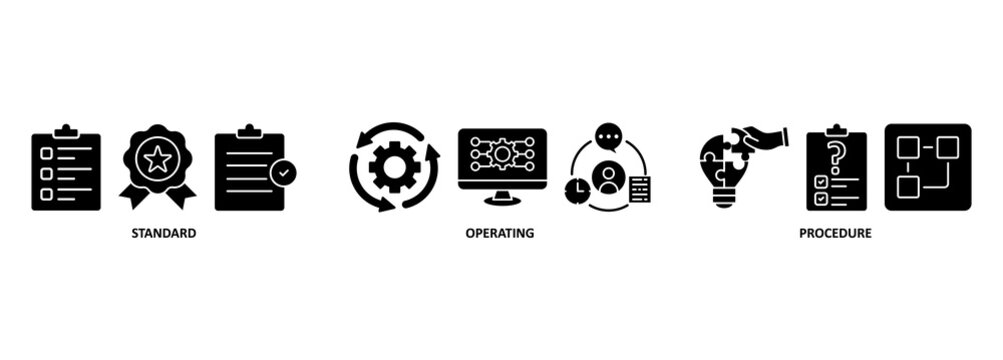 SOP banner web icon vector illustration concept for the standard operating procedure with an icon of instruction, quality, manual, process, operation, sequence, workflow, iteration, and puzzle 