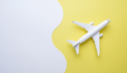 Minimalist airplane model isolated on a vibrant yellow and white background perfect for design and travel themes