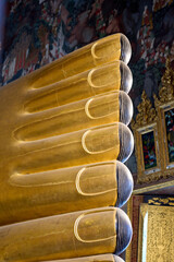 Bangkok, Thailand - 21st December 2025: Detail of feet of Reclining Buddah at Temple of the Reclining Buddha