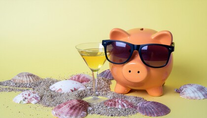 Pink piggy bank wearing sunglasses next to a cocktail on a sandy beach with seashells