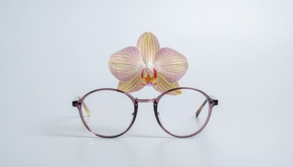 Purple Eyeglasses and Pink Orchid Flower on White Background