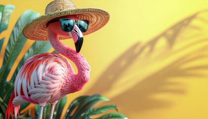 Playful Pink Flamingo Wearing Straw Hat and Sunglasses Amidst Tropical Leaves